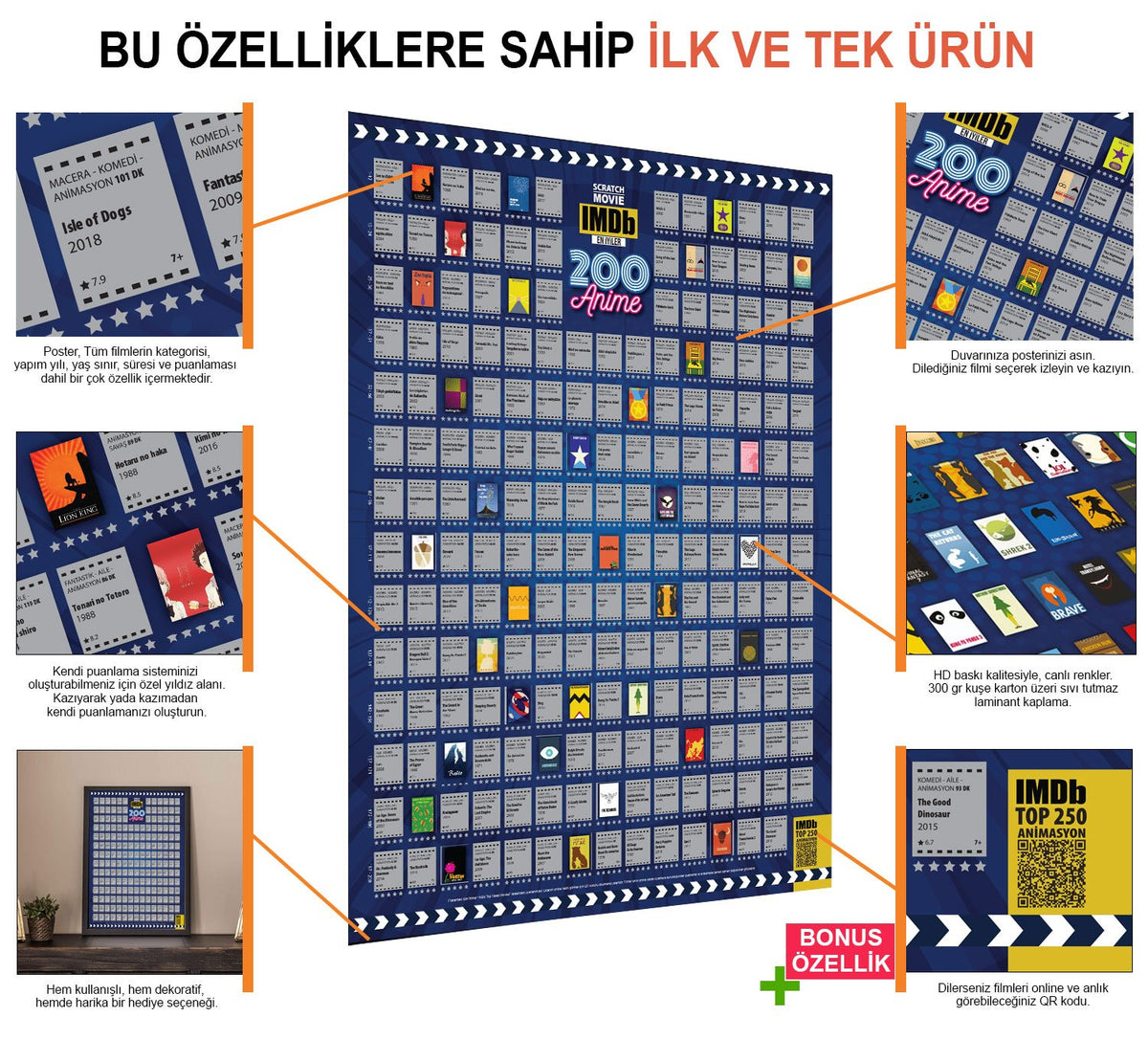 Kazı İzle IMDB 200 Anime + 200 Film Tüm Zamanların En İyi 400 Filmi 2li Poster Seti Dev Boy XL
