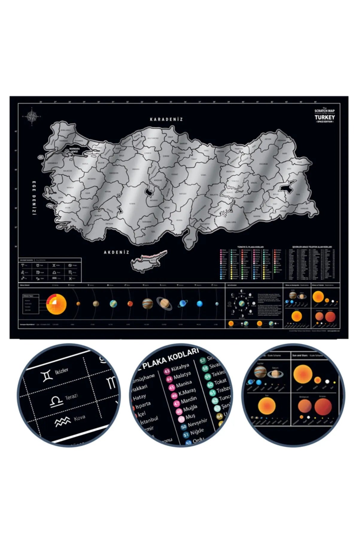 Eğitici Öğretici Metalik Scratch Map Türkiye Haritası Güneş Sistemli İl Plakalı Alan Kodlu XL