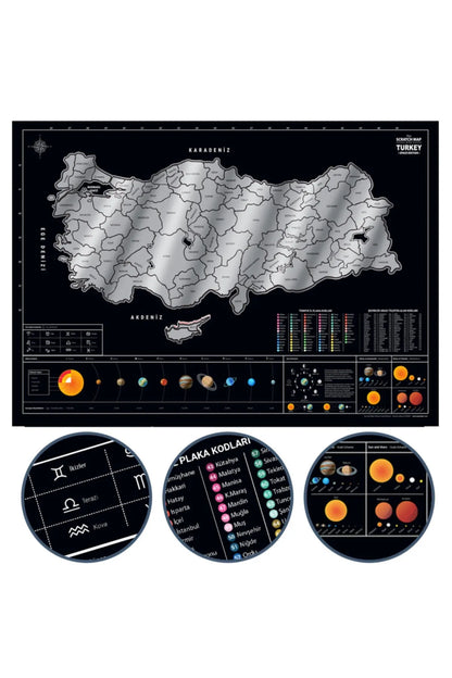 Eğitici Öğretici Metalik Scratch Map Türkiye Haritası Güneş Sistemli İl Plakalı Alan Kodlu XL