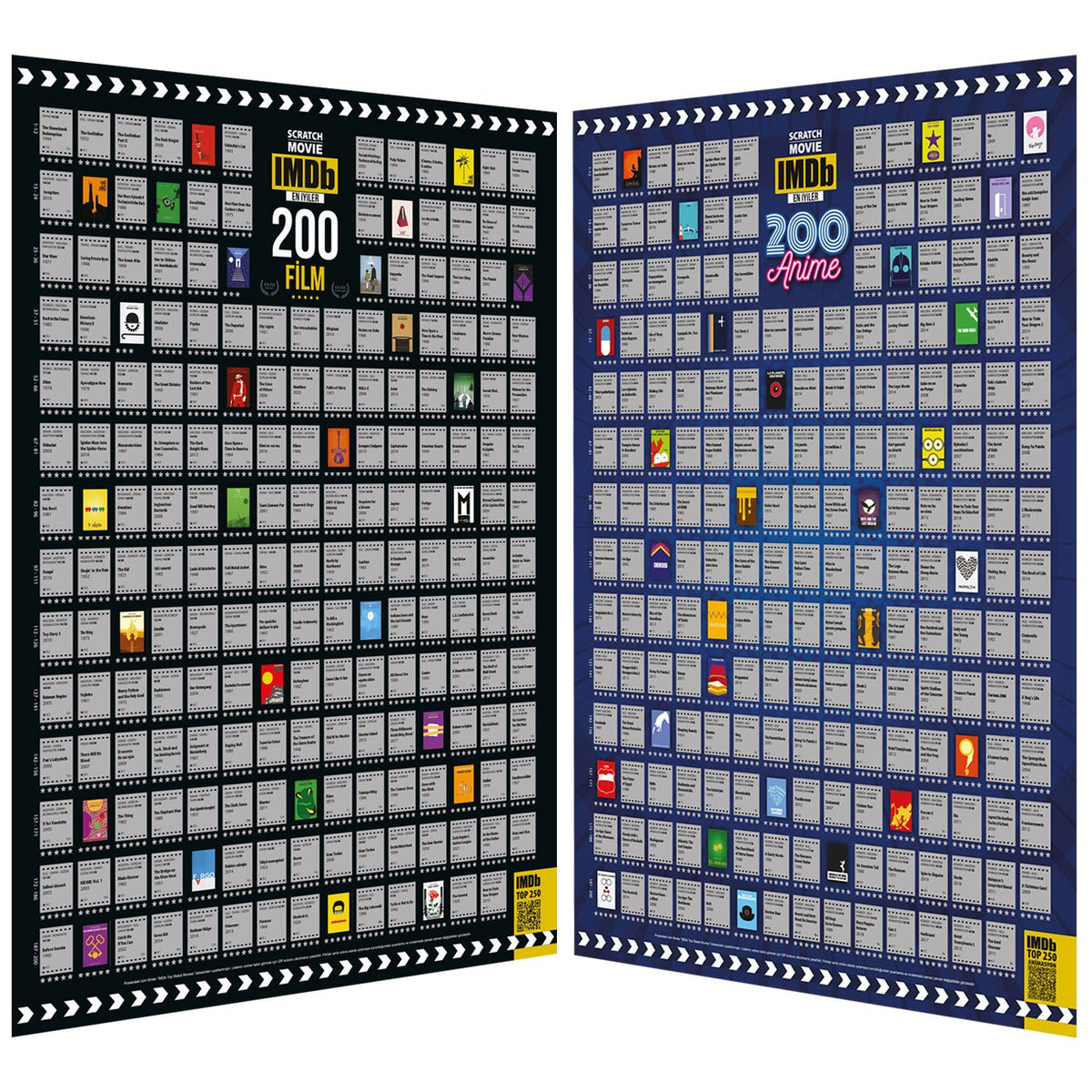 Kazı İzle IMDB 200 Anime + 200 Film Tüm  Zamanların En İyi 400 Filmi 2li Poster Seti Dev Boy XL