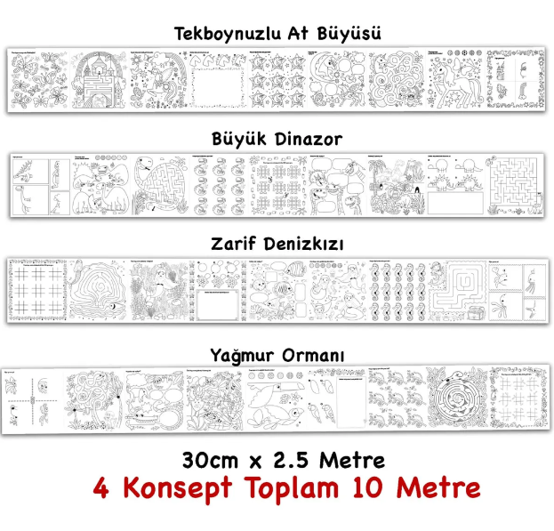 Çöz, Çiz, Boya, Kes Dev Boyama Kağıdı 4 Konsept Boyama Rulosu Büyük Boy Toplam 10 Metre