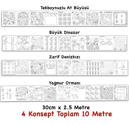 Çöz, Çiz, Boya, Kes Dev Boyama Kağıdı 4 Konsept Boyama Rulosu Büyük Boy Toplam 10 Metre