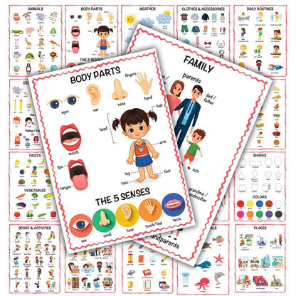 İlk Kelimelerim 350+ Kelime İngilizce Türkçe Çift Taraflı 20 Konu Öğretici Eğitici Poster Seti 33x24cm