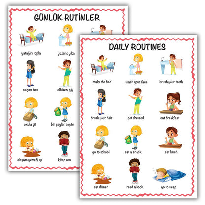 İlk Kelimelerim 350+ Kelime İngilizce Türkçe Çift Taraflı 20 Konu Öğretici Eğitici Poster Seti 33x24cm