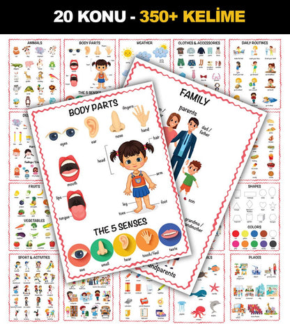 İlk Kelimelerim 350+ Kelime İngilizce Türkçe Çift Taraflı 20 Konu Öğretici Eğitici Poster Seti 33x24cm