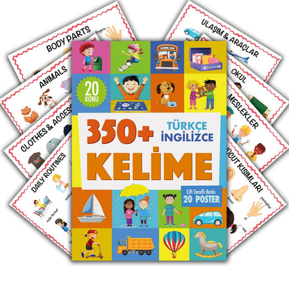 İlk Kelimelerim 350+ Kelime İngilizce Türkçe Çift Taraflı 20 Konu Öğretici Eğitici Poster Seti 33x24cm